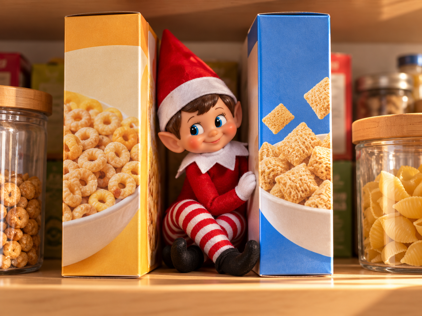 Setup illustration: the elf peeking between two snack boxes on a pantry shelf